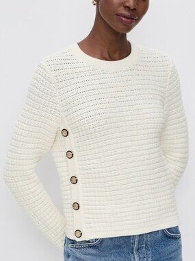 Ba&sh Gael Side Button Textured Knit Crew Neck Sweater Quiet Luxury Ivory - XS